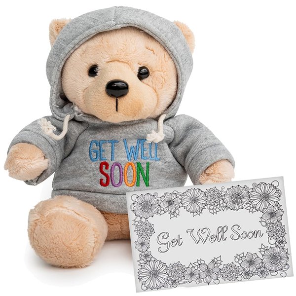Get Well Teddy Bear with Gray Hoodie 9 Stuffed Animal Plushie Doll for Comfort and Love with Get Well Soon Card (Tan Nose)