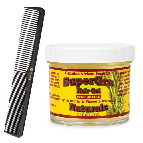 ILIOS Genuine African Formulas Hair Gel Comb Bundle - 4oz Gel, Regular Hold - Styling, Texturing, Grooming Product - For Short, Long, Straight, Curly, Wavy Locks - Compact, Travel-Ready