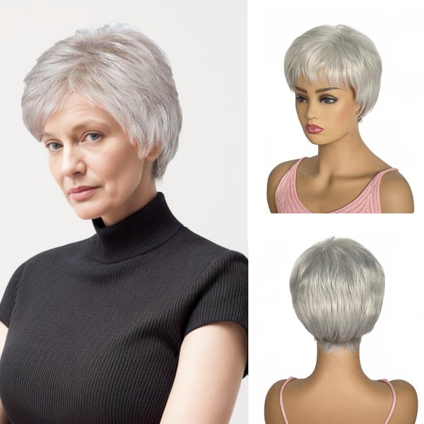 BEAUTY FLAG Short Grey Wigs for White Women Short Layered Pixie Cut Silver Gray Wigs with Bangs Women Natural Curly Synthetic Hair Wigs(8 inch, Silver Grey)