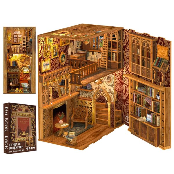 Cutefun Book Nook Kit,3D Wooden Puzzle Bookends,Miniature house kit with dust cover,Bookends Kit with LED Lights,DIY Dollhouse Bookend Tiny House for Adults,Birthday Easter Home Decor for Teens Adults