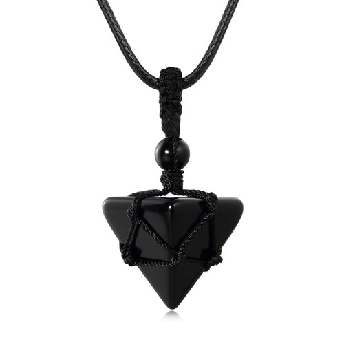 XIANNVXI Black Obsidian Healing Crystal Stone Necklace Spirtual Pyramid Gemstone Pendant Necklaces Adjustable Rope Natural Reiki Quartz Jewelry for Men Women Boy