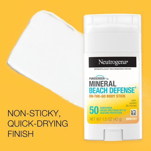 Neutrogena Purescreen+ Mineral Beach Defense On-The-Go Body Sunscreen Stick with Broad Spectrum SPF 50, Water Resistant UVA/UVB Protection, Absorbs Quickly & Dries Clear, 1.5 oz