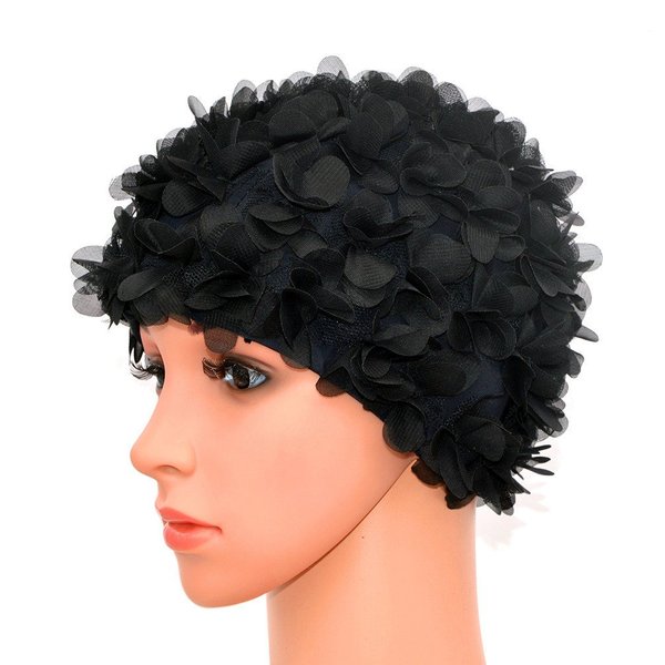 Medifier Lace Vintage Swim Cap Floral Petal Retro Style Bathing Caps for Women Rose Black