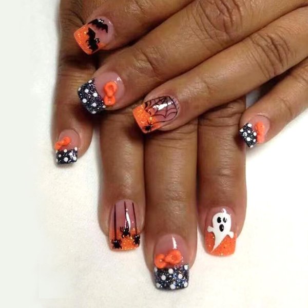 24Pcs Halloween Press on Nails Short Square French Tip Fake Nails Glitter Ghost Bat Spider Web Bow Nail Design Full Cover False Nails Acrylic Glue on Nails DIY Halloween Nail Art Decoration for Women