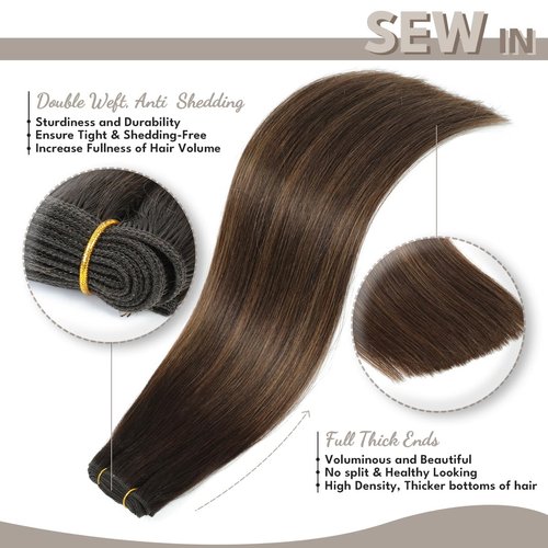 Jerriess Sew in Hair Extensions Real Human hair, Double Drawn Weft Hair Extensions human hair, Silky Soft &Shiny Human hair extensions sew in, 100g Balayage Dark Brown to Chestnut Brown, 16 inch