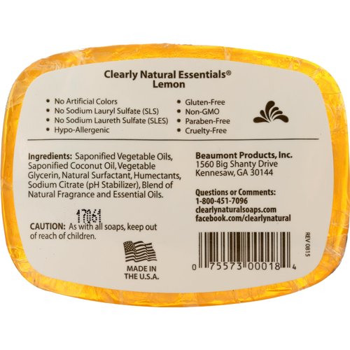 Clearly Natural Essentials Glycerine Bar Soap, Lemon, 4 Ounce