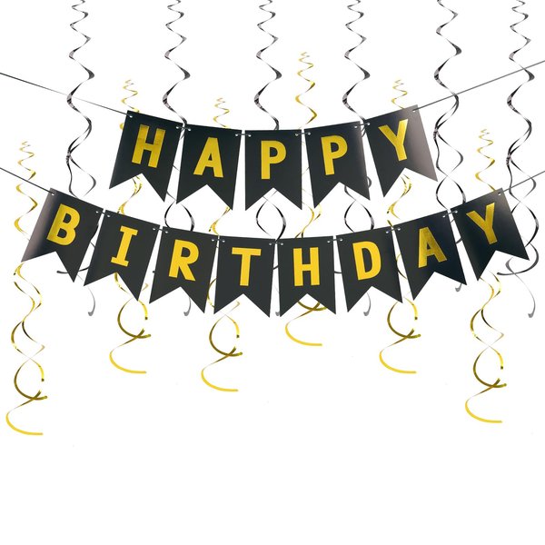 CARBLIN Black Happy Birthday Banner, Birthday Decorations with Metallic Hanging Swirl, Birthday Sign for Backdrop Party Decor, Bunting Banner for Men Women, Birthday Supplies for Boys Girls