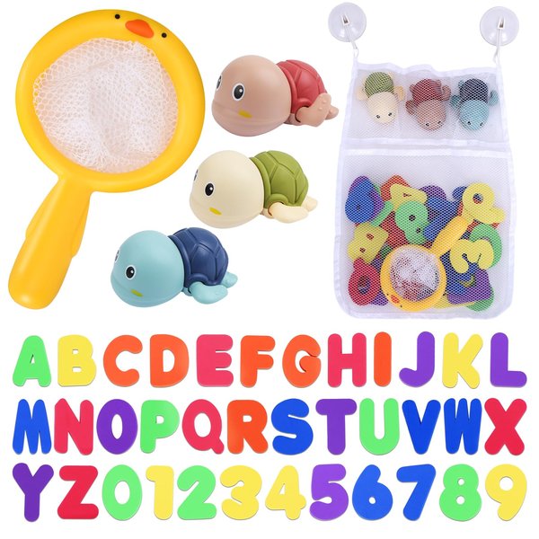 Bath Toys for Toddlers 1-3, Cute Swimming Turtle Bath Toys Set, 36 Foam Bath Letters and Numbers Learning Toys with Bath Toy Storage, Pool Toys for Toddlers Age 1-3 Bath Time for Infant Girls Boys