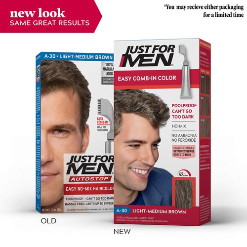 Just For Men Easy Comb-In Color Mens Hair Dye, Easy No Mix Application with Comb Applicator - Light-Medium Brown, A-30, Pack of 1