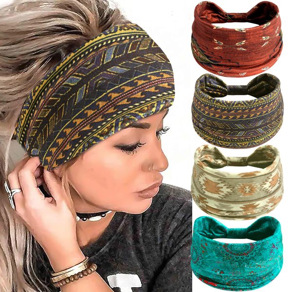 SAWINDA Boho Headbands for Women Stretchy Knot Headband Non Slip Hair bands Yoga Skincare Spa Sweat Turbans Red Head Wraps Scarf Bandanas Pack of 4