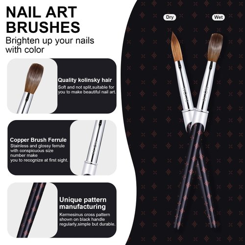 Shine Chance 2Pcs Acrylic Nail Brushes Set, 100% Pure Kolinsky Size 10 Nail Art Brush & Small Clean Up Brush, Art Design & Polish Mistake Cleaning Manicure Tools for Women Acrylic Application