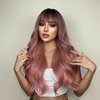 Qihang Pink Wig with Bangs Long Wavy Pink Wigs for Women Ombre Pink Curly Wavy Synthetic Wigs with Dark Roots for White Women Girls Daily Party Replacement 26 inch