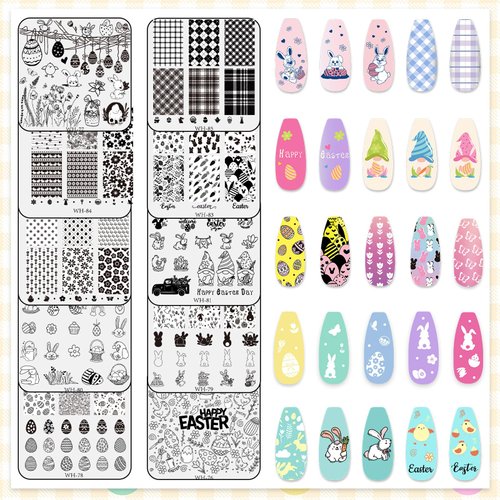Whaline 10Pcs Easter Nail Art Stamping Plates Kit Bunny Egg Rabbit Flower Butterfly Image Stamp Templates Holiday Nail Art Plates for Spring DIY Print Manicure Salon Design Gift