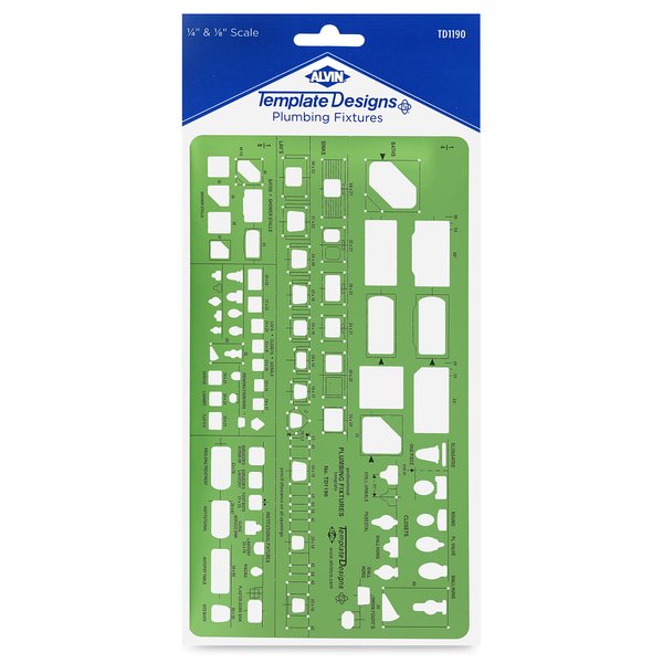 ALVIN, TD1190, Plumbing Fixtures Template, Drawing and Drafting Tool for Artists, Architects, Design and Drafting, 1/4 and 1/8 Inches Scale