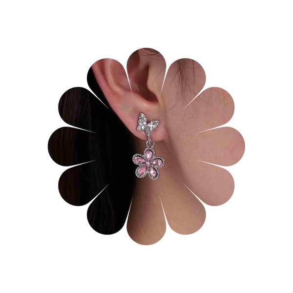 Sttiafay Vintage Pink Crystal Flower Earrings Butterfly Flower Drop Earrings Silver Rhinestone Butterfly Stud Earrings Pink Gemstone Butterfly Earrings Jewelry for Women and Girls