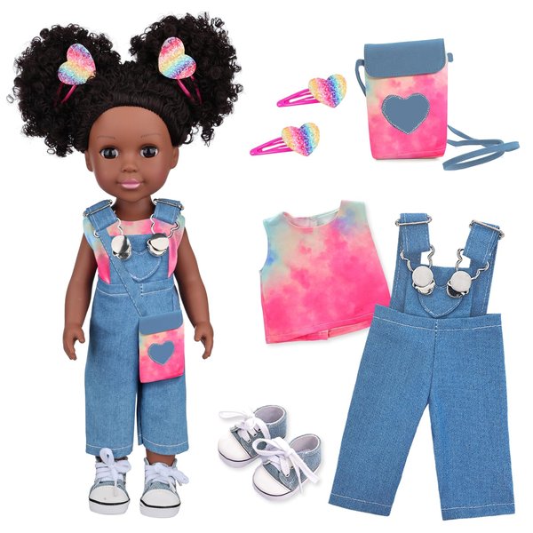 UNICORN ELEMENT Black Baby Doll with Tie-Dye Rainbow Top and Clothes Set 14.5 Inch Black Doll Silicone Black Doll Realistic Black Girl Doll