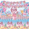 114Pcs Axolotl Birthday Party Supplies Include Happy Birthday Banner-Backdrop-Balloons-Cake Topper-Cupcake Toppers-Tableware-Plates-Napkins-Cups-Cutlery-Tablecloth for Axolotl Party Decorations