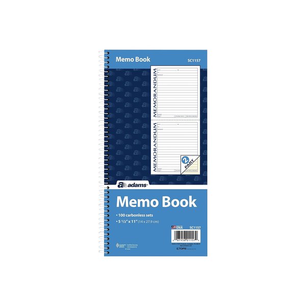 Adams Spiral Memo Book, 5.5 x 11 Inch, 2-Part, Carbonless, 2 Memos per Page, 50 Pages, White and Canary (SC1157)