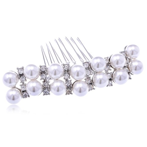 ALILANG Silvery Tone Crystal Rhinestone Simulated Pearl Bar Bridal Hair Comb