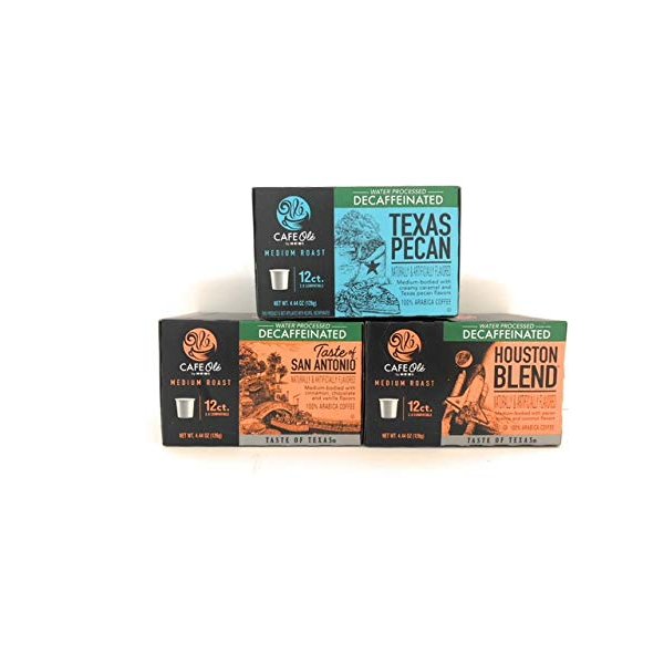 Cafe Ole Taste of Texas DECAF Coffee K Cups Gift Assortment, 12ct. (36 Cups) Houston Blend, Texas Pecan, Taste of San Antonio
