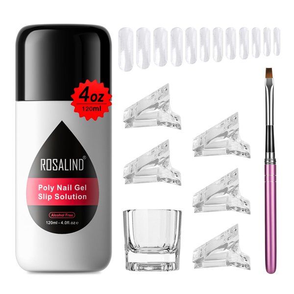 ROSALIND 4oz Slip Solution for Poly Nail Gel Extension Liquid Solution for Poly Nail Gel Anti-Stick Slip Solution, Poly Extension Gel Slip Liquid Solution With Nail Brush Nail Clips Cup for Home Salon