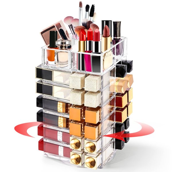 FODIENS Acrylic Lipstick Tower Holder, 360 Degree Rotating Makeup Cosmetic Lipsticks Organizer with 53 Slots, Spinning Lipgloss Storage Display Stand Holder