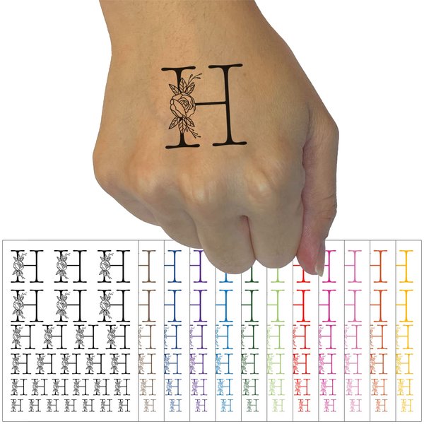 Rose Typewriter Font Capital Letter H Temporary Tattoo Water Resistant Fake Body Art Set Collection - Black (One Sheet)