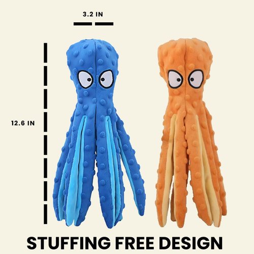 Tater's Choice Octopus Squeaky Toys, 2 Pack Assorted Colors, Soft Plush Octopus with Crinkly Sound for Dogs, Dog Toys to Keep Them Busy