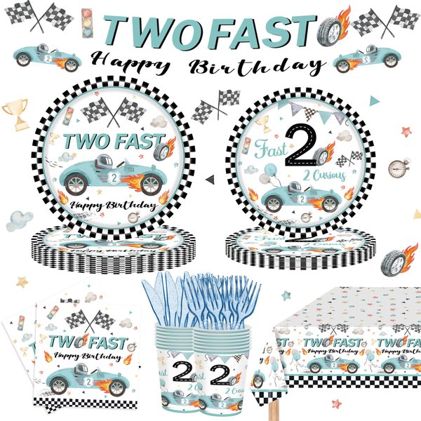 122PCS Two Fast Birthday Party Supplies for Kids Boys 2nd Birthday Party Decor Two Fast Two Curious Racing Car Bday Tableware Set Plates Napkin Cups Forks Knives Banner Tablecloth Serves 20 Guests