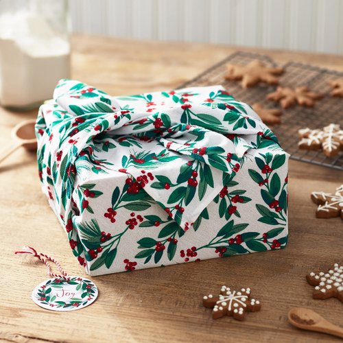 Hallmark 26" Reusable Christmas Gift Wrap (1 Fabric: Red Holly, Green Foliage, Natural Cotton) for Holiday Parties, Housewarming Gifts