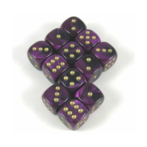 Black Purple Gemini with Gold Pips 12mm D6 Dice Set of 12 Wondertrail WCX26840E12