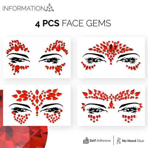Face Gems, Face Jewels - Self Adhesive- Face Glitter Jewel Tattoo Sticker Festival Gems Rave Party Body MakeUp Rhinestone Gems for Eyes Face Body, face gems for festivals, Halloween (4 PCS RED)