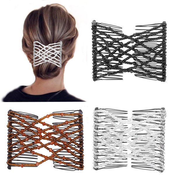 3 Pcs Magic Hair Combs, Youthful Vintage Stretch Beaded Hair Combs Elastic Pearls Hair Clips Stretchy Bead Hairpins Double Slides Hair Combs for Women Ladies Girls DIY Hair Styling Accessories (3)