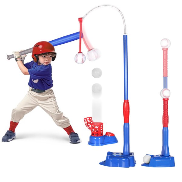 MENGBEI 4 in 1 Baseball Tball Set for Toddlers 3-8, Kids Tee Ball Set with Auto Pitching Machine/T Ball Stand/Hanging Tee/Golf/Bat/6 Softballs, T Ball Set Toy Outdoor Sport Game Gift for Boys Girls