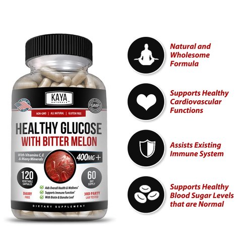 Kaya Naturals Healthy Glucose with Bitter Melon Supplement Support Healthy Levels & Function, 20 Herbs Vitamins Minerals, Alpha Lipoic Acid, Cinnamon, Vitamin C & E Gluten Free, Non-GMO - 120 Caps