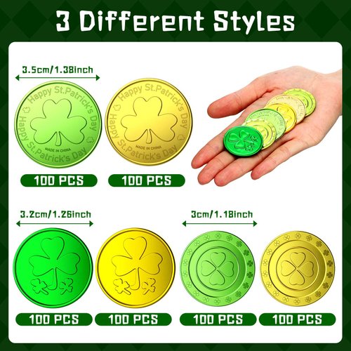 Sanwuta 600 Pieces St. Patrick's Day Gold Coins Plastic Gold Green Lucky Coins St Patricks Day Decorations 3 Leaf Clover Coins Shamrock Leprechaun Coins for Party Table Decorations Supplies