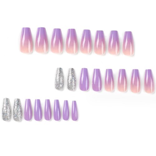 DANMANR Medium Press on Nails Sequins False Nails Art Full Cover Acrylic Coffin Purple Fake Nails for Women and Girls 24PCS