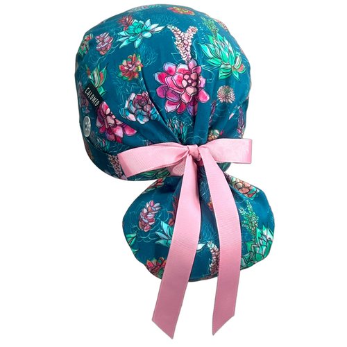 CALOMED Scrub Cap for Women and Men, Ponytail Scrub Caps, Working Hat, Head Cover with Ribbon Ties and Buttons, Long Hair (Succulents on Teal)