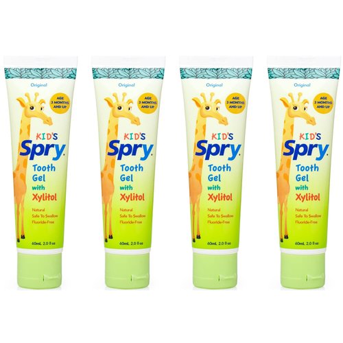 Spry Xylitol Baby Toothpaste, Natural Toddler Toothpaste, Fluoride Free Toothpaste for Kids, Xylitol Toothpaste for Kids Age 3 Months and Up, Tooth Gel Original 2 Fl Oz (Pack of 4)