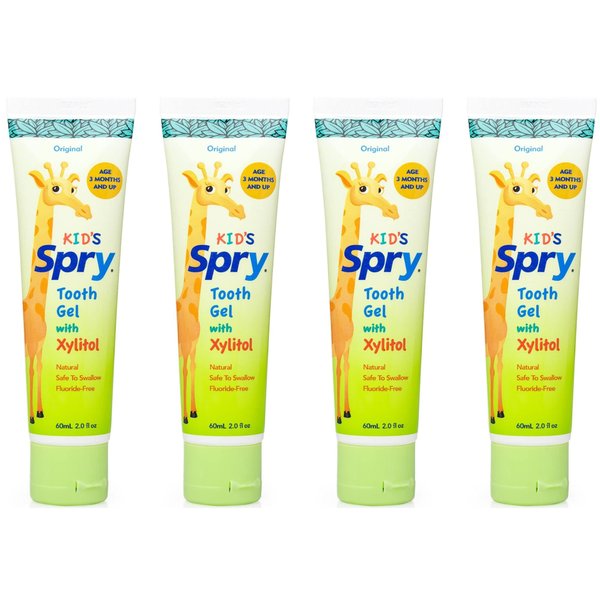 Spry Xylitol Baby Toothpaste, Natural Toddler Toothpaste, Fluoride Free Toothpaste for Kids, Xylitol Toothpaste for Kids Age 3 Months and Up, Tooth Gel Original 2 Fl Oz (Pack of 4)