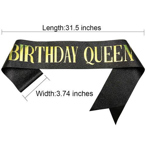 NAUXIUDSJS Birthday Queen Sash, Birthday Sash for Women, Glitter Black Sash Foil Letter, Party Favors Supplies Decorations for 18th 21st 30th 40th 50th 60th 70th 80th or Any Bday Party,Black