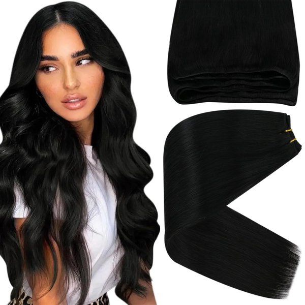 Sunny Hair Extensions Sew in Black Human Hair Weft Extensions Jet Black Sew in Hair Extensions Real Human Hair for Women Black Weft Hair Extensions Brazilian Hair Add Hair Volume 100G 20inch