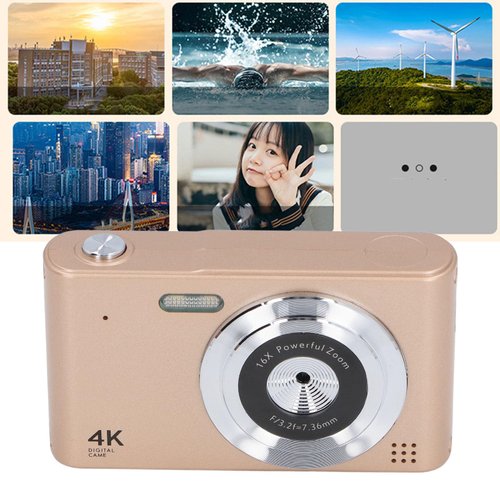 4K Digital Camera, 16X Digital Zoom 48MP Vlog Camera, 2.4in Screen, Built in Flashlight, CCD Camera, Anti Shake, Portable Camera for Beginners and Children (Gold)