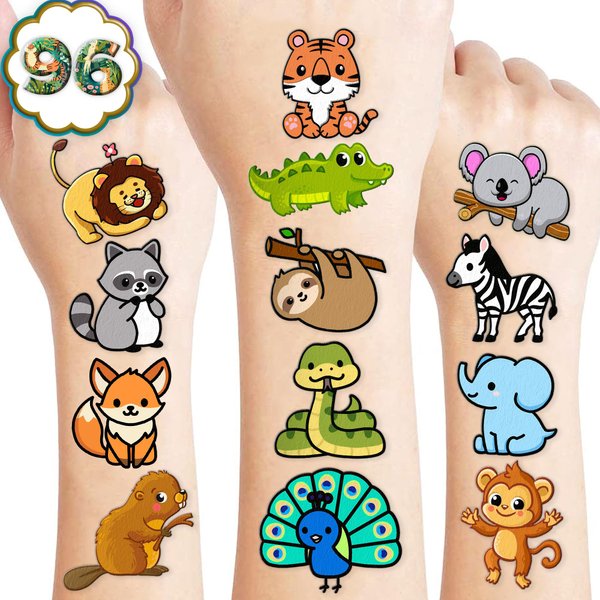 Zoo Temporary Tattoos (8 Sheets 97PCS) Jungles Party Decorations Supplies Favors Safari Animals Theme Birthday Cute Stickers Christmas Gifts for Boys Girls Class School Prizes Carnival