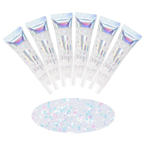 SUMEITANG 6PCS Clear White Face Body Glitter Gel，Mermaid Holographic Sequins Chunky Glitter Paint for Party Singer Concerts Festival Rave Accessories for Girls Women Face Body Hair Sparkling Makeup