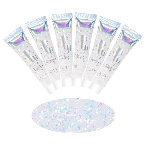 SUMEITANG 6PCS Clear White Face Body Glitter Gel，Mermaid Holographic Sequins Chunky Glitter Paint for Party Singer Concerts Festival Rave Accessories for Girls Women Face Body Hair Sparkling Makeup