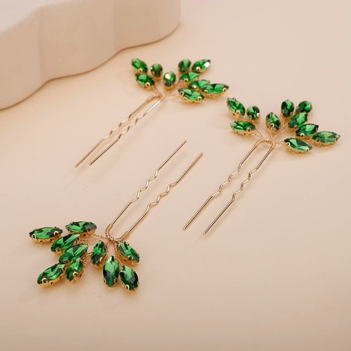 Rumtock 3pcs Vintage Green Crystal Hair Pins Set for Wedding Brides Women Girls Handmade Sparkle Hair Jewelry Piece (Emerald Green)