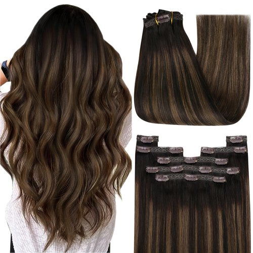 YoungSee 150G Clip in Hair Extension Real Human Hair Balayage Hair Extensions Clip ins Dark Brown Mix Medium Brown Highlights Brown Balayage Thick Human Hair Clip in Extensions 22Inch 7Pcs