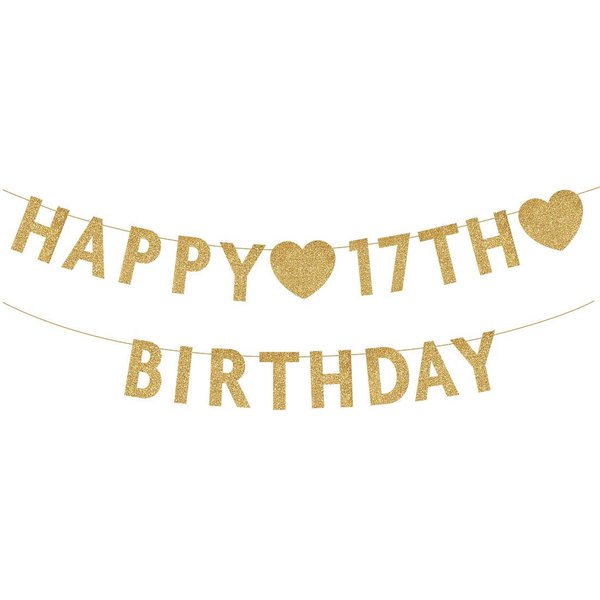 Gold Happy 17th Birthday Banner, Glitter 17 Years Old Boy or Girl Party Decorations, Supplies