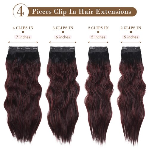 REECHO Hair Extensions, 4PCS Clip in Hair Extensions HE001 Natural Soft Synthetic Hairpieces for Women, Black to Burgundy Ombre